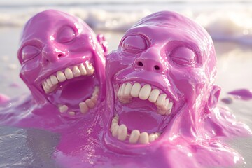 Hyper-realistic pink melting laughing faces lie on the beach, creating a emotionally intense visual experience.