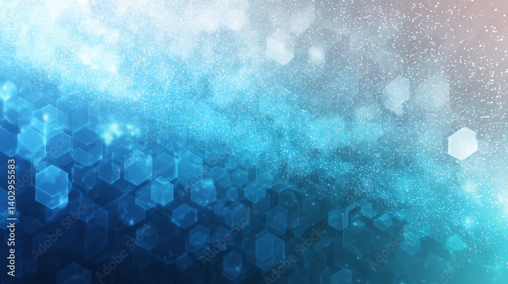 Poster Abstract blue hexagonal pattern background with soft light and sparkle effect, suggesting technology, innovation, or digital concepts, ideal for a website banner or presentation