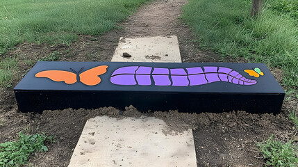 A colorful painted planter box displays butterflies and a segmented worm.