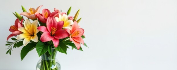 Naklejka premium Vibrant display of exotic flowers in a vase against a crisp white backdrop, showcasing delicate blooms and lush foliage, white vase, floral display