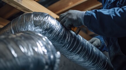 HVAC technician tightening air duct connections. Featuring airflow and insulation