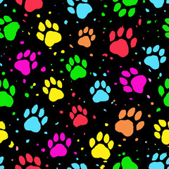 Pattern of multi-colored paw prints of a dog, a cat on a black background in grunge style. Drawn with brush strokes, splashes, blots.