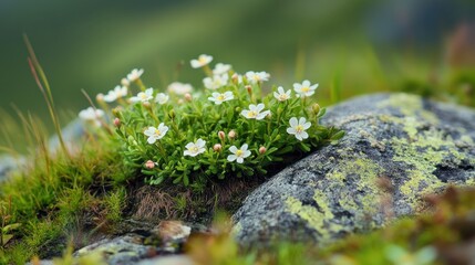 Delicate white flowers blooming among moss-covered rocks in a lush, green landscape during a sunny afternoon