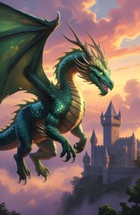 A mythical dragon silhouette, an ancient symbol of Chinese culture, soars through the night sky in a fantasy illustration