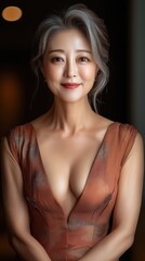 Elegant woman in a stylish brown dress poses confidently in an upscale indoor setting during an evening event