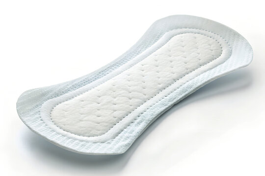 A close-up view of a feminine hygiene sanitary pad highlighting its textured surface and curved shape against a pristine white background