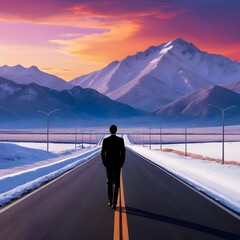 Man Walking Towards a Mountainous Landscape at Sunset