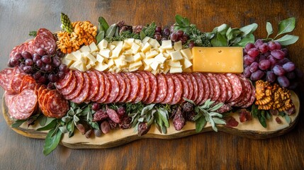 Board with sliced sausage and gourmet cheeses. selective focus. Generative AI