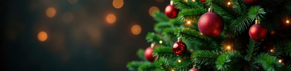 Evergreen Christmas tree with ornaments and lights in a dark room , christmas tree, ornaments, dark room