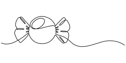 Obraz premium One continuous line illustration of a candy, isolated on white background. Line art of candy, Minimalist design for sweets and dessert themes. Simplified hand-drawn illustration for treats and ammy. 