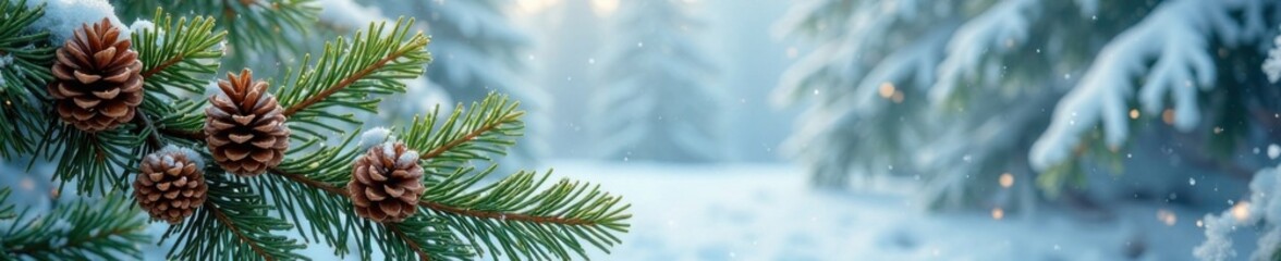 Fir branches intertwined with rustic pine cones amidst a frosty winter wonderland , snow, pine, festive