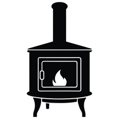 Black Silhouette Wood Burning Stove With Fireplace Glowing Embers Vector.