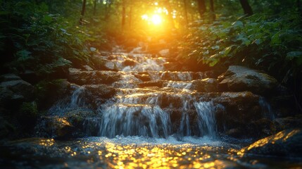 Golden Hour Waterfall Serenity: A Cascading Stream in a Lush Forest