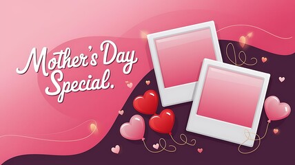 Mother's Day Special Digital Illustration Pink Gradient Background with Photo Frames, Heart Balloons, and Festive Decorations
