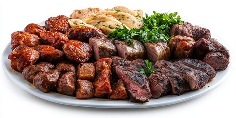 White background showcasing a meat platter of Brazilian barbecue.