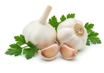 Two garlic bulbs with parsley on white background