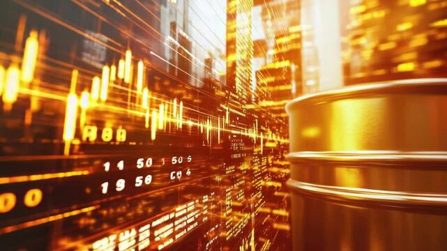 A vibrant display of oil market trends intertwines with a bustling urban background, showcasing the interplay of financial activity and energy commodities