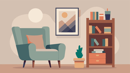 A serene reading nook with a plush neutralcolored armchair and a simple wooden bookshelf. On the wall hangs a large abstract painting in muted tones.