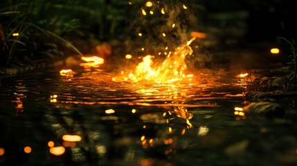 A small fire burns in the water next to greenery