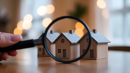 Magnifying Glass Examining Row of Small Wooden Model Houses