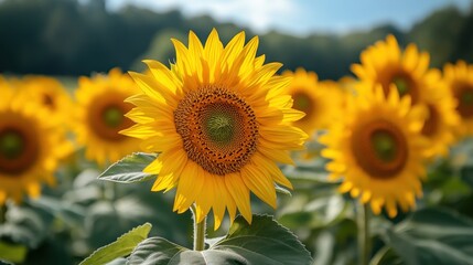 Fototapeta premium Vibrant Sunflower Field in Full Bloom Under a Clear Blue Sky in Summer