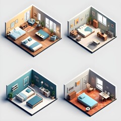 Isometric Low Poly Bedroom Designs