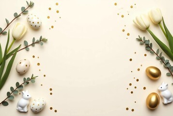 Fototapeta premium Easter Flat Lay with Eggs, White Tulips & Greenery on Light Background