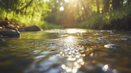 Tranquil river reflecting soft sunlight, a serene natural moment. Minimalism in nature's simplicity and calm.
