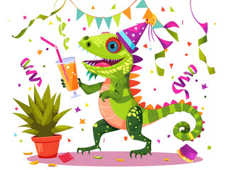 Naklejka premium fun cartoon iguana with party hat and streamers, dancing or smiling with tropical drink, celebration clipart style, isolated on white background