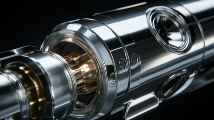 A polished metallic machine component displays intricate internal design elements