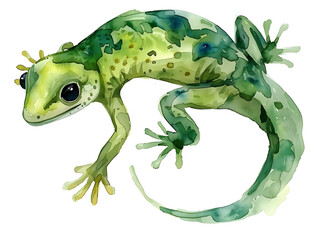hand-painted watercolor gecko in soft green and earthy tones, curved tail and cute eyes, tropical jungle theme, artistic brush strokes, isolated on white background