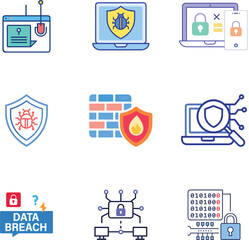 Set of Cyber Security Icons Vector Illustration – Phishing Attack, Malware, Two-Factor Authentication, Virus, Firewall, Scan, Data Breach, Encryption