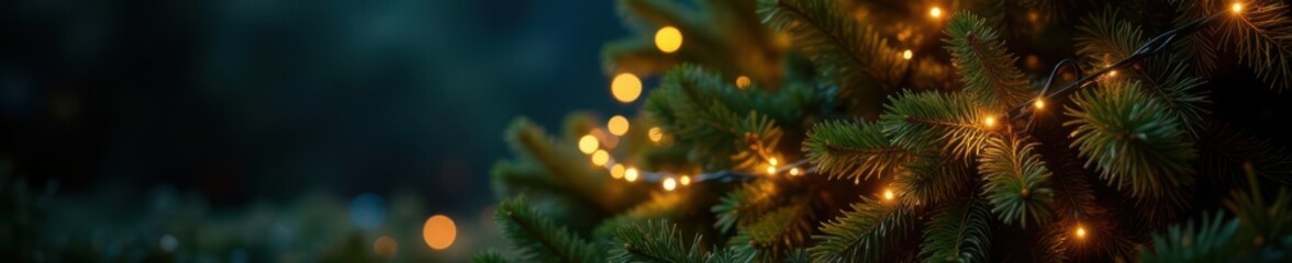 Twinkling electric lights wrap around a majestic Christmas tree, surrounded by lush greenery, illuminations, decorations