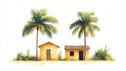 Fototapeta premium Tropical Watercolor Painting: Two Palm Trees and Humble Cottages