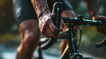 A close-up of a cyclist's hand gripping the handlebars of a bike, highlighting details of the hand and the bicycle in a dynamic setting.