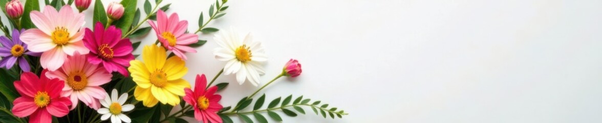 Spring floral arrangement on white paper background with colorful flowers and lush greenery, flower petals, leaves