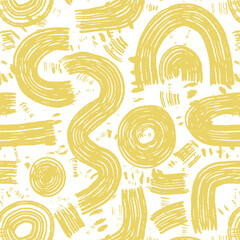 Seamless yellow abstract grunge pattern featuring textured brushstrokes and expressive elements for modern decor and prints