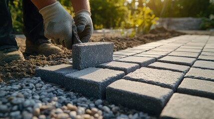 Landscaper positioning stone pavers for an outdoor walkway. Featuring balance and texture