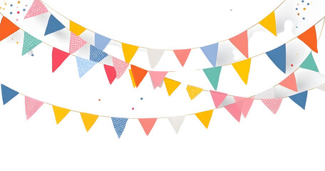 Obraz premium Abstract background with colorful party flags garland on a white background, vector illustration. Flat design. Isolated banner template for a festive greeting card or poster design.