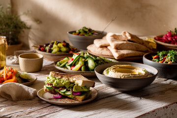 Table showcasing various Mediterranean dishes:  hummus, salads, pita bread, and an avocado sandwich.  Illustrates a healthy, shared meal concept