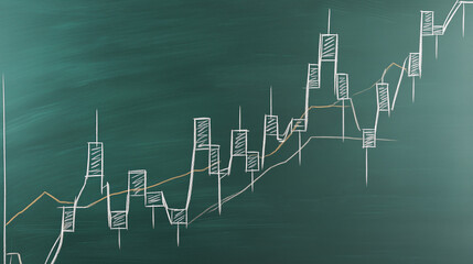 Obraz premium candlestick stock chart with trend lines drawn in chalk on green classroom blackboard