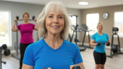 Portrait of mature woman exercising with dumbbells at the gym, lifestyle moment