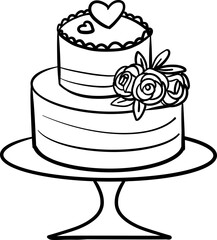 Two-Tiered Wedding Cake Line Art: Hearts & Roses Decoration