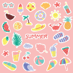 Set of summer stickers. Vector illustration.  Stickers with cherry, drink, juice, watermelon, pineapple, ice cream, glasses, ball, surf, summer, flip flops, hat.