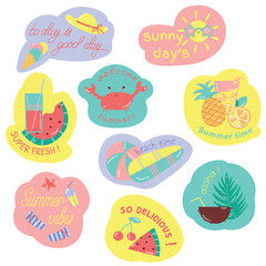 Set of summer stickers. Vector illustration.  Stickers with cherry, drink, juice, watermelon, pineapple, ice cream, glasses, ball, surf, summer, flip flops, hat.