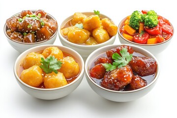 Sweet and sour Chinese food set, ready to eat, isolated white.