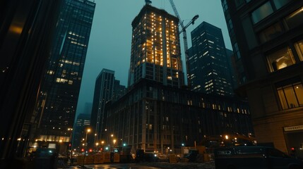 Obraz premium Skyscrapers and construction cranes dominate the urban city environment at night