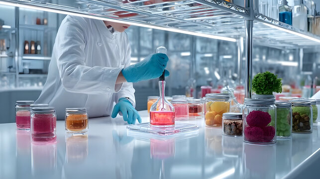 Scientist testing artificial flavor compounds in a futuristic lab, flavor innovation, food science