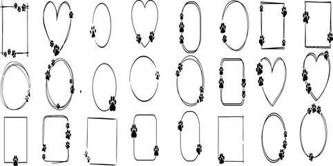 Pet frame. Cat, dog paw frames. Doodle animal footprint border. Hand drawn circle, heart, square, round shapes with walking paws.  © Supernova