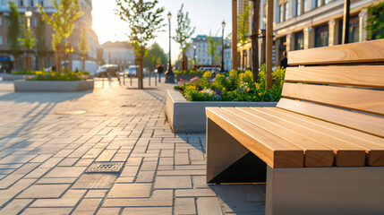Obraz premium Sunlit City Park Bench and Urban Streetscape of excellence in splendor beyond compare with grace in style